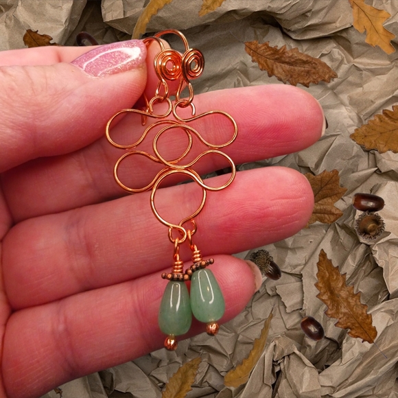Artisan Copper Wire Earrings with Green Adventurine Drop Beads - Picture 3 of 6